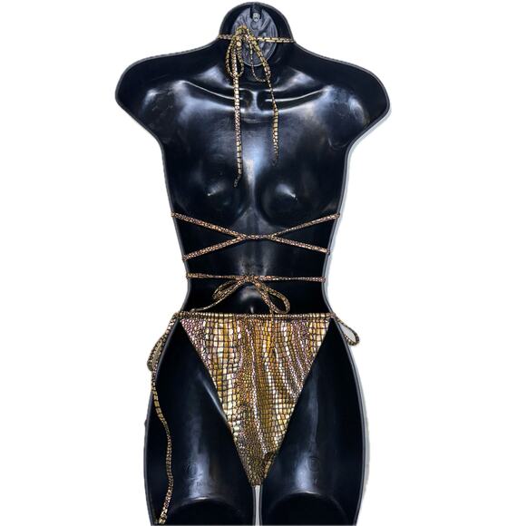 New Medium Metallic‎ Gold Fully Adjustable Bikini Swimsuit Set Triangle Padded - Picture 5 of 7